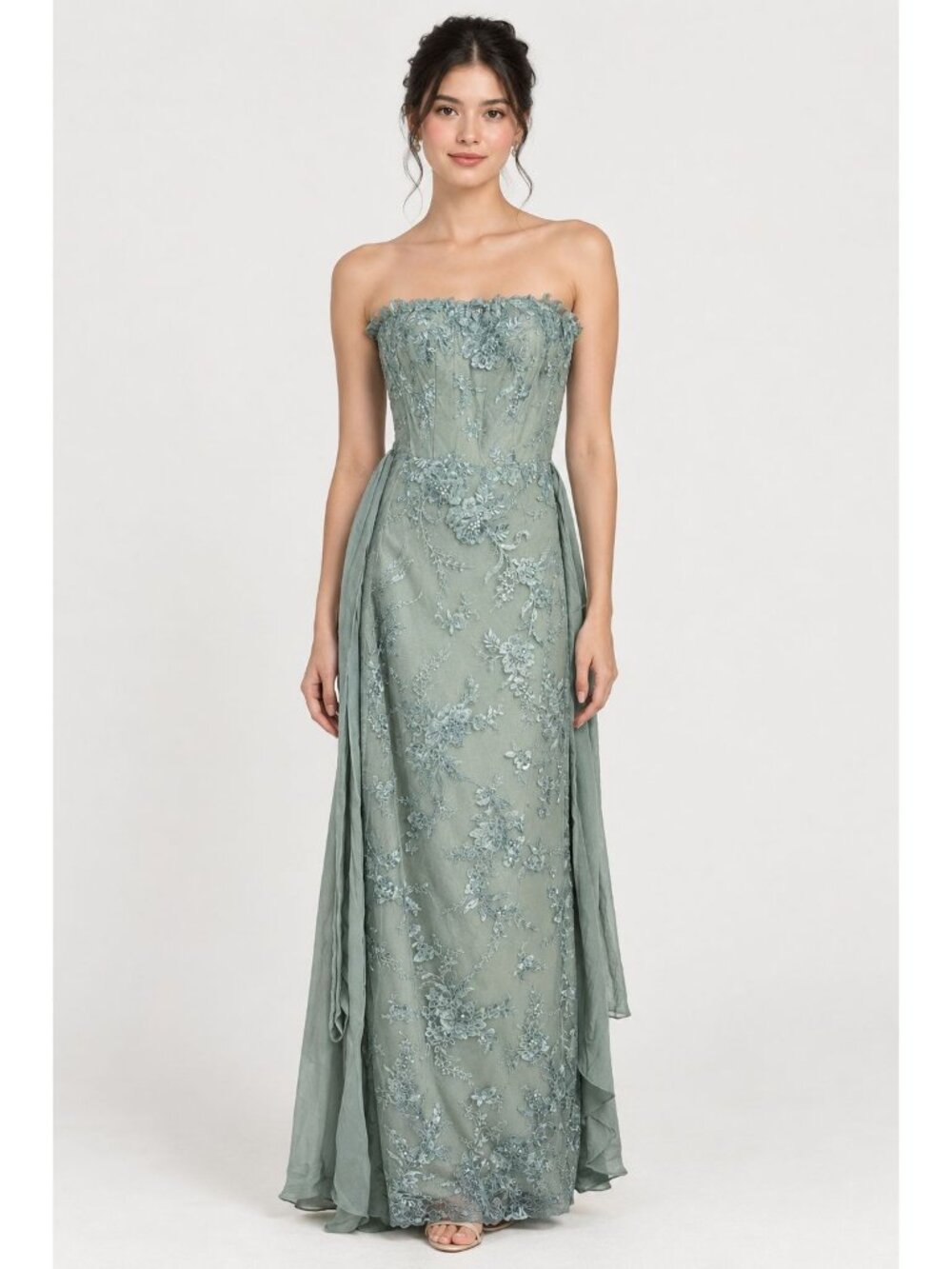 NWT Rene Ruiz Strapless Floral Lace Embroidered Maxi Gown Sage Size 10